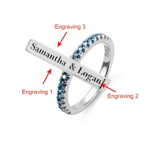 Engraved Bar Ring with Birthstone in Silver