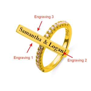 Engraved Bar Ring with Birthstone in Gold