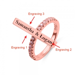 Engraved Bar Ring with Birthstone in Rose Gold