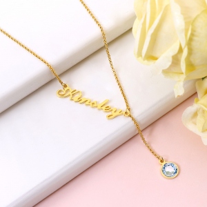 Personalized Simple Name & Birthstone Y Necklace in Gold