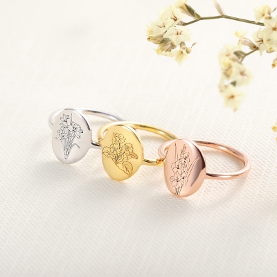 Bague fleur de naissance personnalisée avec gravure