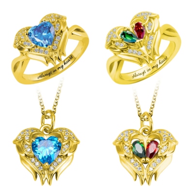 Personalized Angel Wings Birthstone Ring & Necklace
