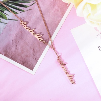 Personalized Two Names Y-shaped Necklace in Rose Gold