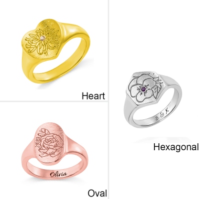 Personalized Birth Flower Signet Ring