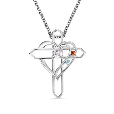 Personalized Heart & Cross Birthstone Necklace