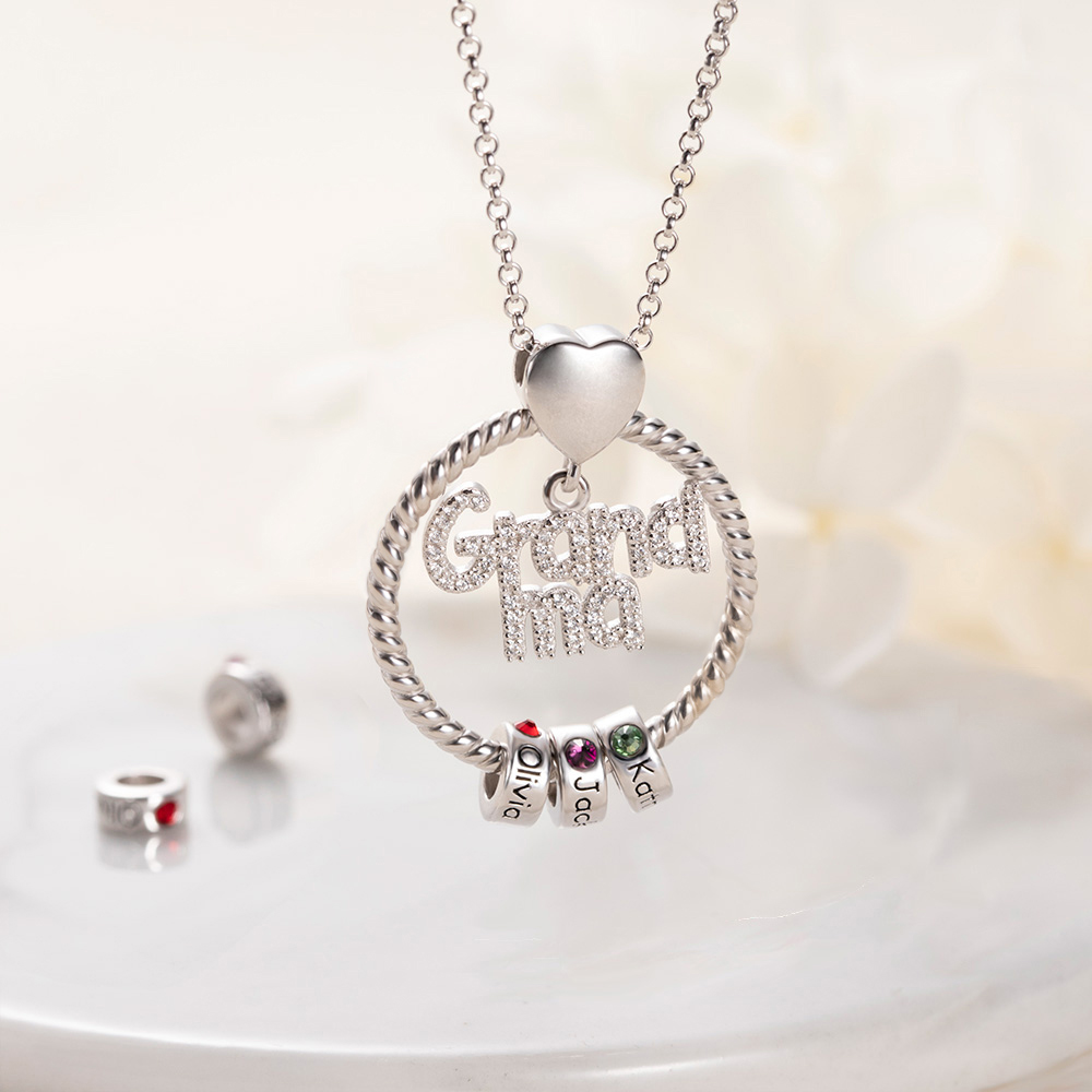 Colar Personalizado com Nome e Família Birthstone para Mãe em Prata