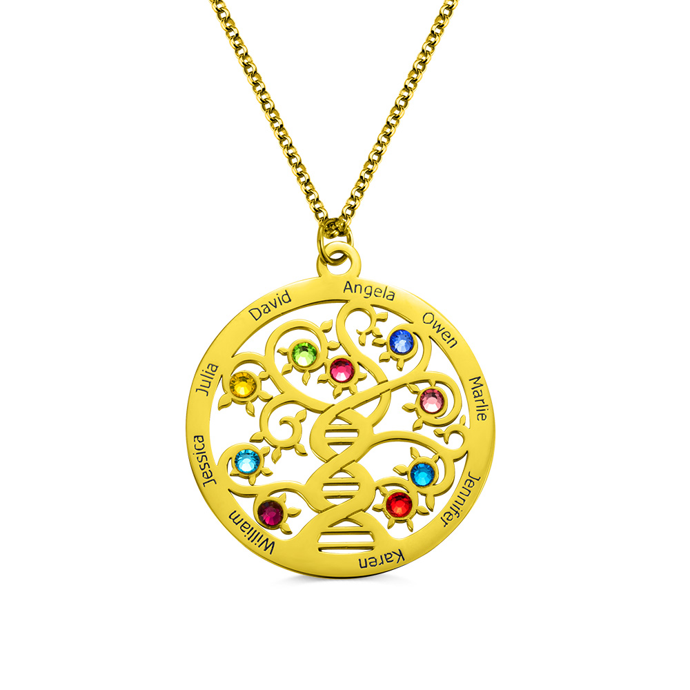 Colar personalizado com o nome da árvore genealógica com pedra de nascimento