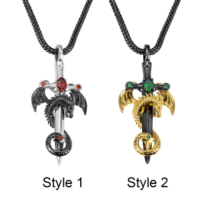 Sword Necklace with Cross Dragon Birthstone Pendant