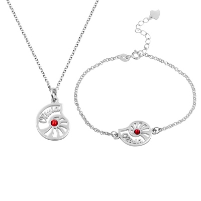 Personalized Name Conch Necklace and Bracelet with Birthstone in Silver