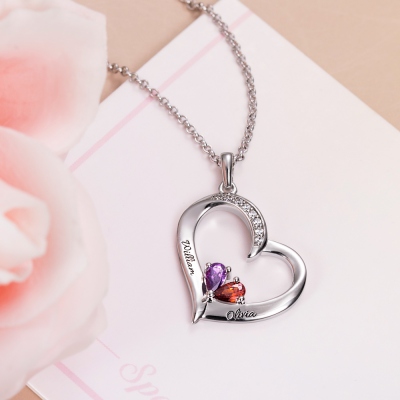 Heart-shaped Birthstone Family Necklace with Customized 1-10 Names