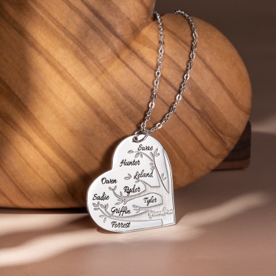 Collier arbre généalogique personnalisé 1-12 noms coeur
