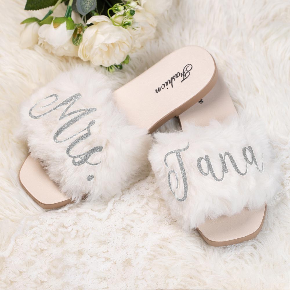 White Bling Furry Personalized Bride Slippers