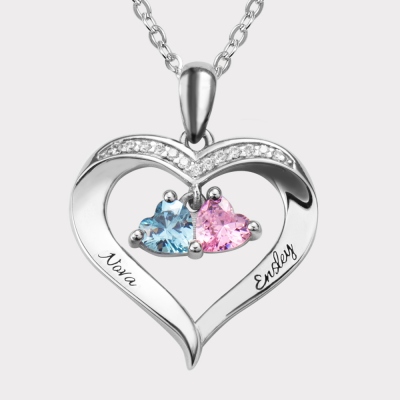 Personalized 2 Heart Birthstones Necklace with Engraving in Silver