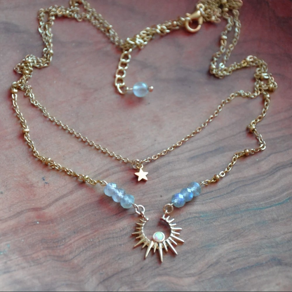 Multi-layered Necklace, Boho Star Neck Chain Choker Pendant Necklace, Atelier Opal Labradorite Inox Brass, Fashion Jewelry for Women and Girls