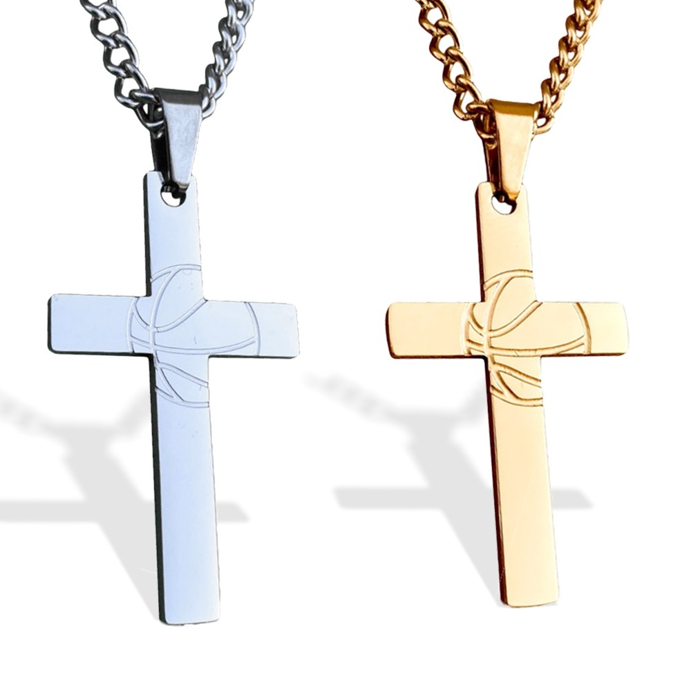 Collier de croix de sport avec collier de pendentifs de football de volley-ball de baseball gravé, cadeau de bijoux pour les athlètes / entraîneur / coéquipier