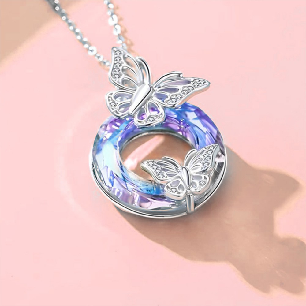 Collier papillon en cristal, deux papillons sur une chaîne de cou pendentif cercle creux, bijoux fantaisie cadeaux pour elle/maman/femme/fille
