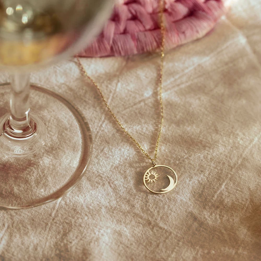 Sun and Moon Necklace Sunburst Necklace Crescent Moon Necklace, Sterling Silver Gold Sun Pendant Necklace with Golden Sun Charm
