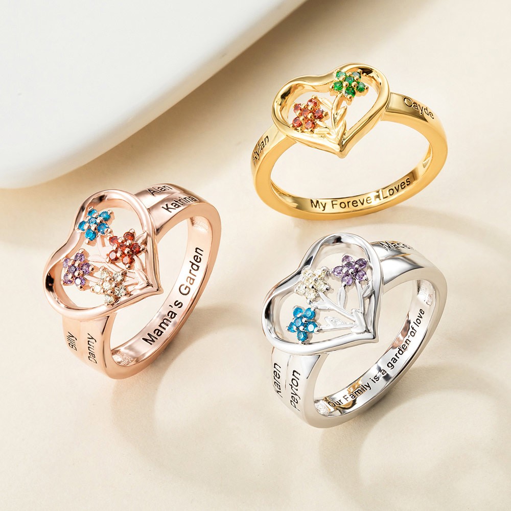Custom 1-8 Birthstone Flower Ring with Engraving, Our Family Is A Garden Of Love Heart Ring, Flower Design Garden Family Ring for Grandmother/Mother