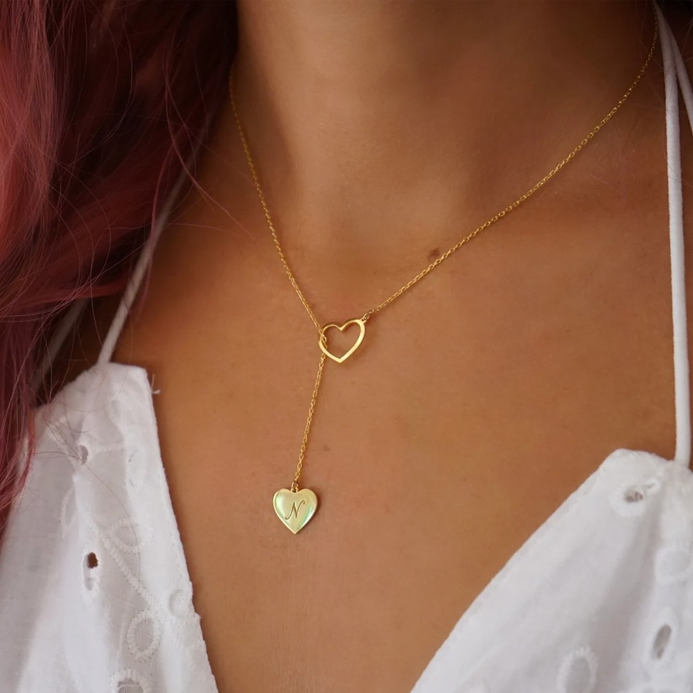 Initial Heart Lariat Necklace, Personalized Y Initial Heart, Initial Name, Customize Heart, Lariat Initial Drop Chain, Couple Name Hearts