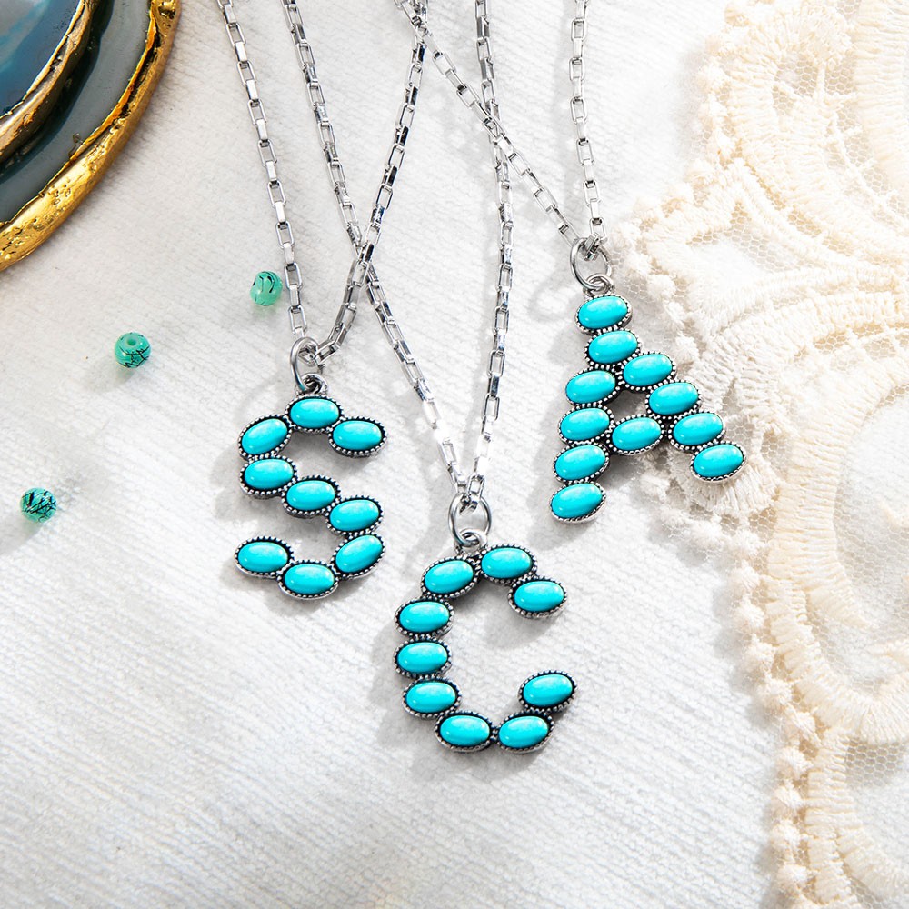 Collier initial en pierre ovale turquoise, collier initial semi-pierre, pendentif de style occidental bohème, cadeau de bijoux Boho pour femmes et filles