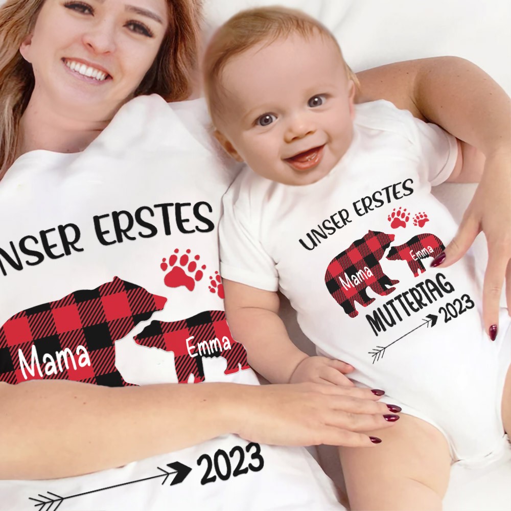 Unser erstes Set für Mutter und Baby zum Muttertag, individuell gestalteter Tier-/Muster-Babysuit und Mama-T-Shirt, personalisiertes T-Shirt und Babyromper, Geschenk für neue Mütter
