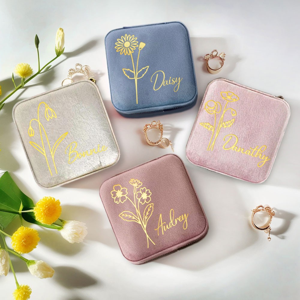 Étui de voyage à bijoux avec fleur de naissance, cadeau d'anniversaire personnalisé, boîte à bijoux en velours personnalisée, cadeaux pour mariage/demoiselle d'honneur/maman/femme, achetez plus, économisez plus