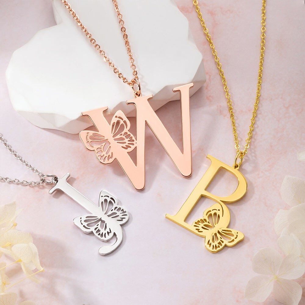 Personalized Initial Pendant Necklace with Butterfly, Dainty Initial Necklace, Summer Jewelry Gift, Birthday Gift, Bridesmaid Gift, Gift For Her