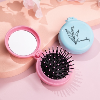 Personalized Birthflower Name Air Cushion&Mirror Comb, Custom Portable Mini Air Cushion Mirror Comb, Round Foldable Comb with Mirror, Gift for Her