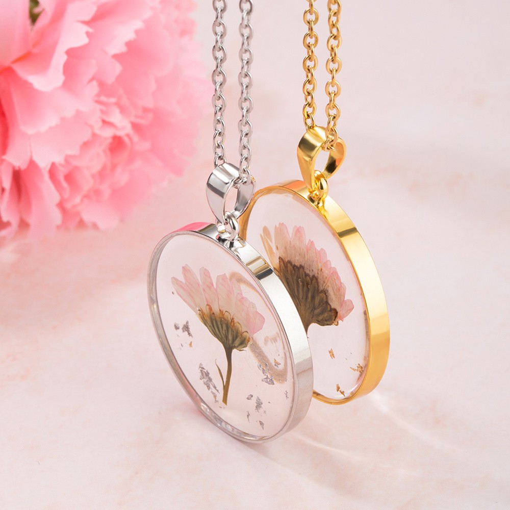 Personalized Birth Flower Necklace, Dried Pressed Flower Resin Necklace, Customized Round Pendant Jewelry, Birthday Gifts, Gifts for Women