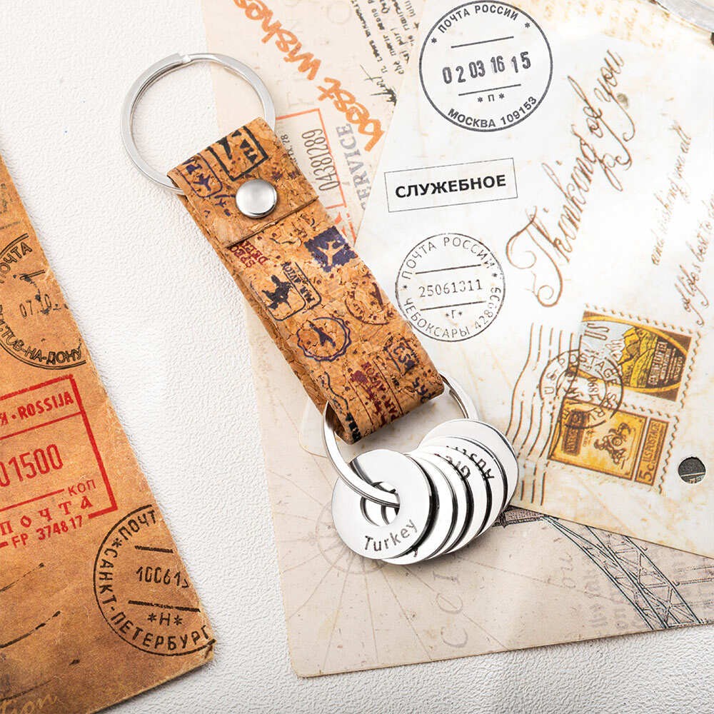 Custom Passport Keychain & Country Tokens Bundle, Vegan Leather Keychain with Multiple Brass Charms, Travel Keepsake, Gift for Family/Friend/Lover