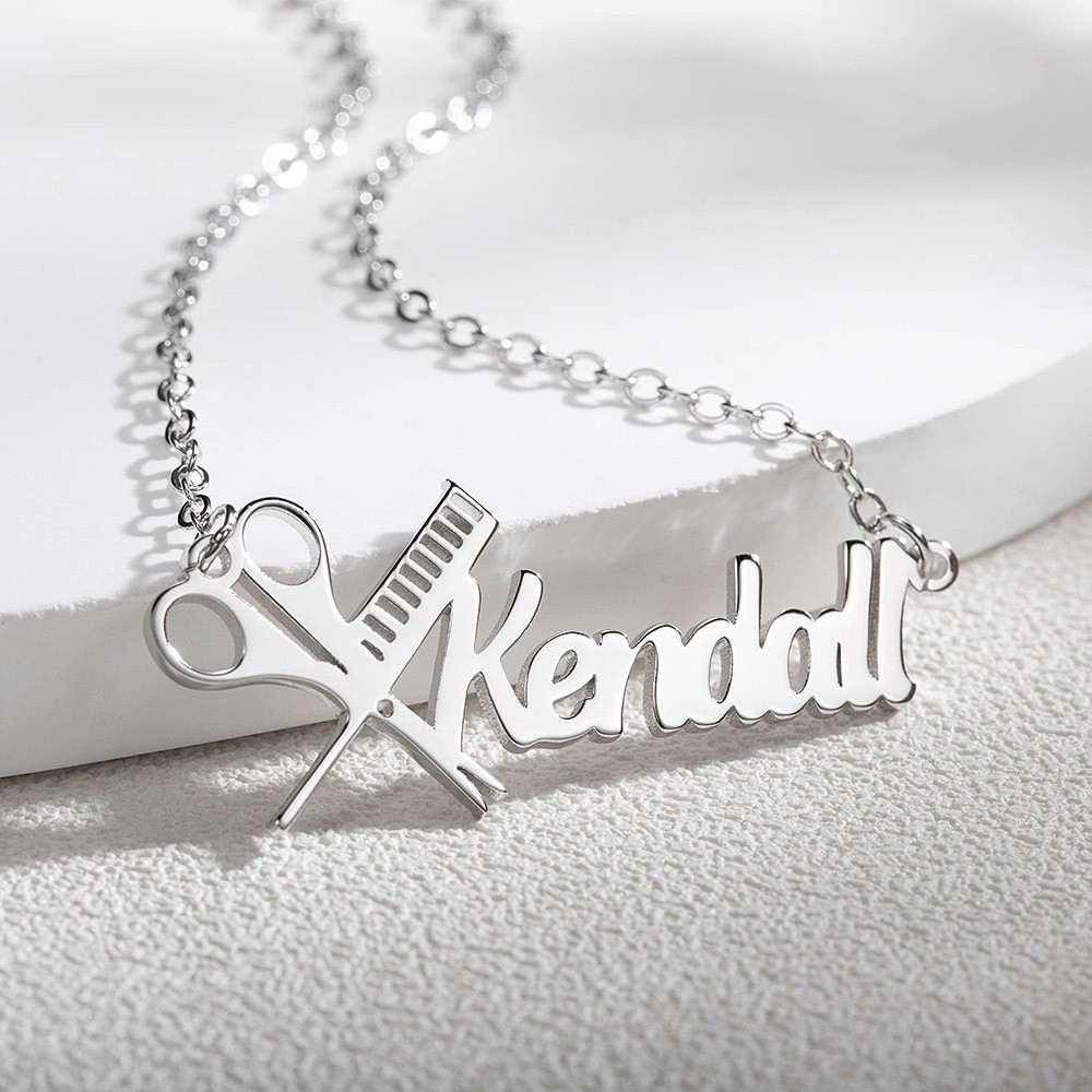 Personalized Hairdresser Name Necklace, Scissors and Comb Necklace, Nameplate Necklace, Gift for Hairdressers/Hairstylists/Barbers