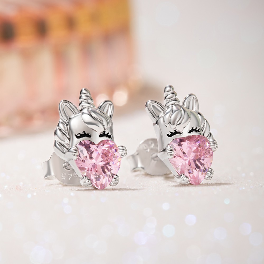 Boucles d'oreilles à tige licorne avec pierre de naissance personnalisée, bijoux licorne en argent sterling 925, cadeau d'anniversaire/de Noël pour femmes/filles/amoureuses de licornes