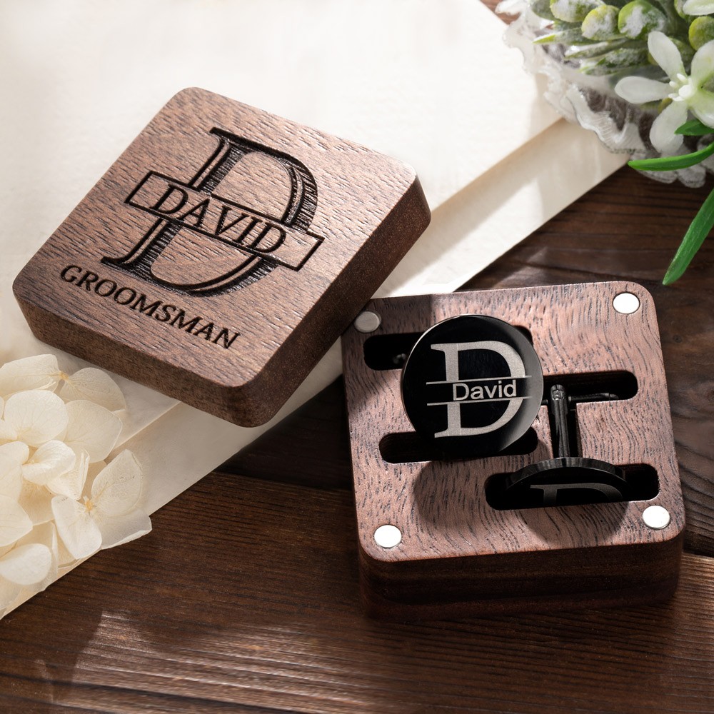 Personalized Engraved Monogram Tie Clip and Cufflink Set with Wooden Box, Groomsmen Cufflinks, Wedding Birthday Gift for Men Groomsmen