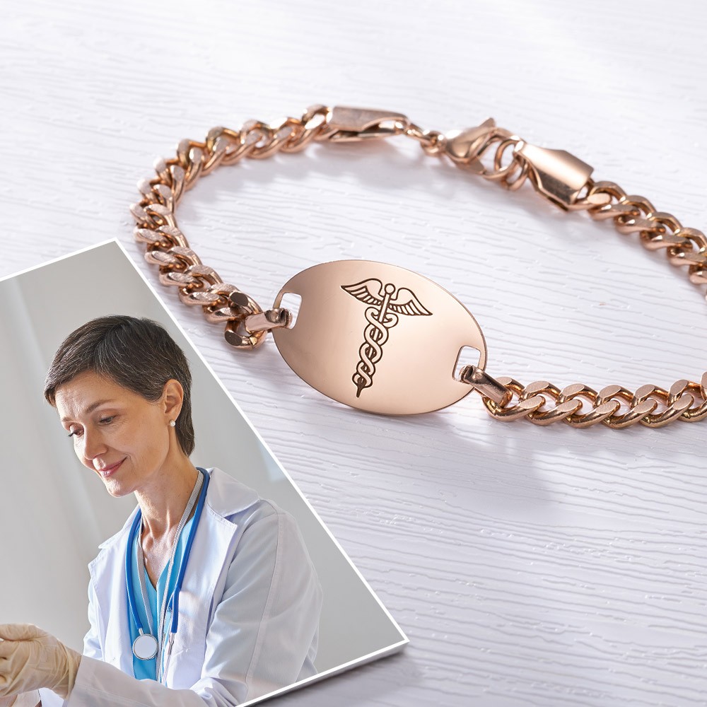 Custom Stainless Steel Caduceus Rod Medical Alert ID Bracelets with Engraving Text, Emergency Wristband, Gift for Diabetes Allergy Epilepsy Autism