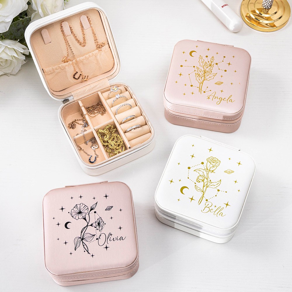 Étui à bijoux de voyage personnalisé avec nom de naissance et fleur, boîte à bijoux personnalisée du zodiaque, accessoires de voyage, cadeaux de Noël/anniversaire pour demoiselle d'honneur/maman/épouse