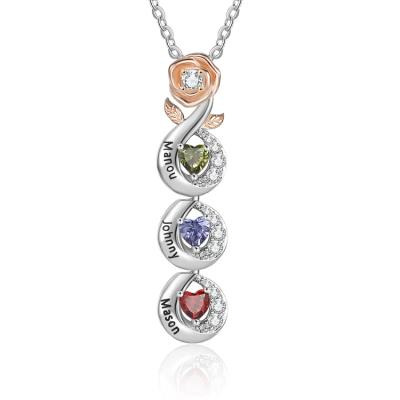 Personalized Multiple Birthstones Necklace with Name, Custom 3D Rose Pendant, Family Birthstone Jewelry, Mother's Day/Birthday Gift for Mom/Grandma