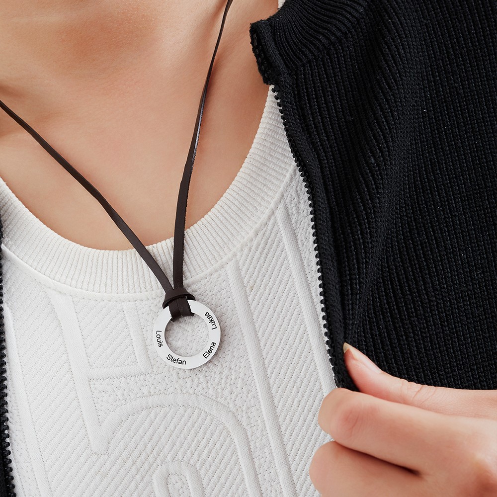 Custom Engraved 4 Names Circle Pendant Necklace with Leather Strap, S925 Family Names Hoop Men's Necklace, Father's Day/Anniversary Gift for Dad/Him