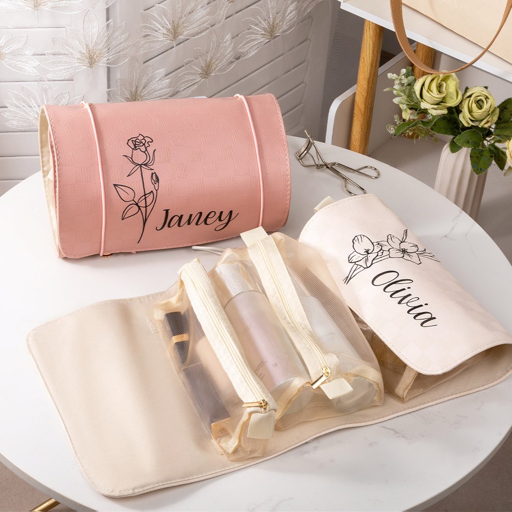 Personalized Name And Birth Flower Cosmetic Travel Bags, Foldable Make Up Organizer, Makeup Bag, Hanging Toiletry Bag for Women, Weekender Bag