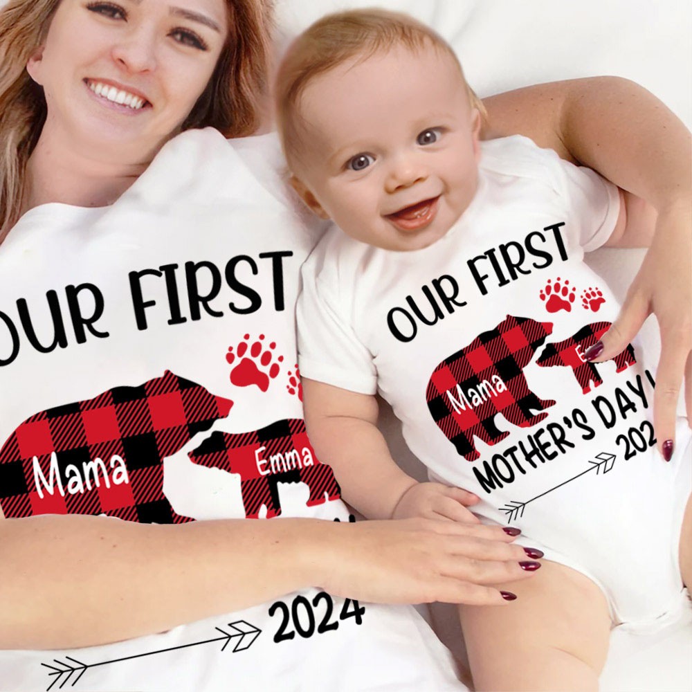 Personalisiertes T-Shirt mit Tieren/Muster und Baby-Onesie, Unser erstes Muttertags-Mama- und Baby-Set 100 % Baumwolle, Weihnachtsgeschenk für neugeborene Mama