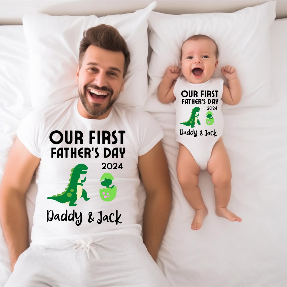 Custom Tyrannosaur T-Shirt, Our First Father's Day Shirt, Family Gift, Cotton Matching Shirt, Father's Day Gift, Gift for Dad/Baby