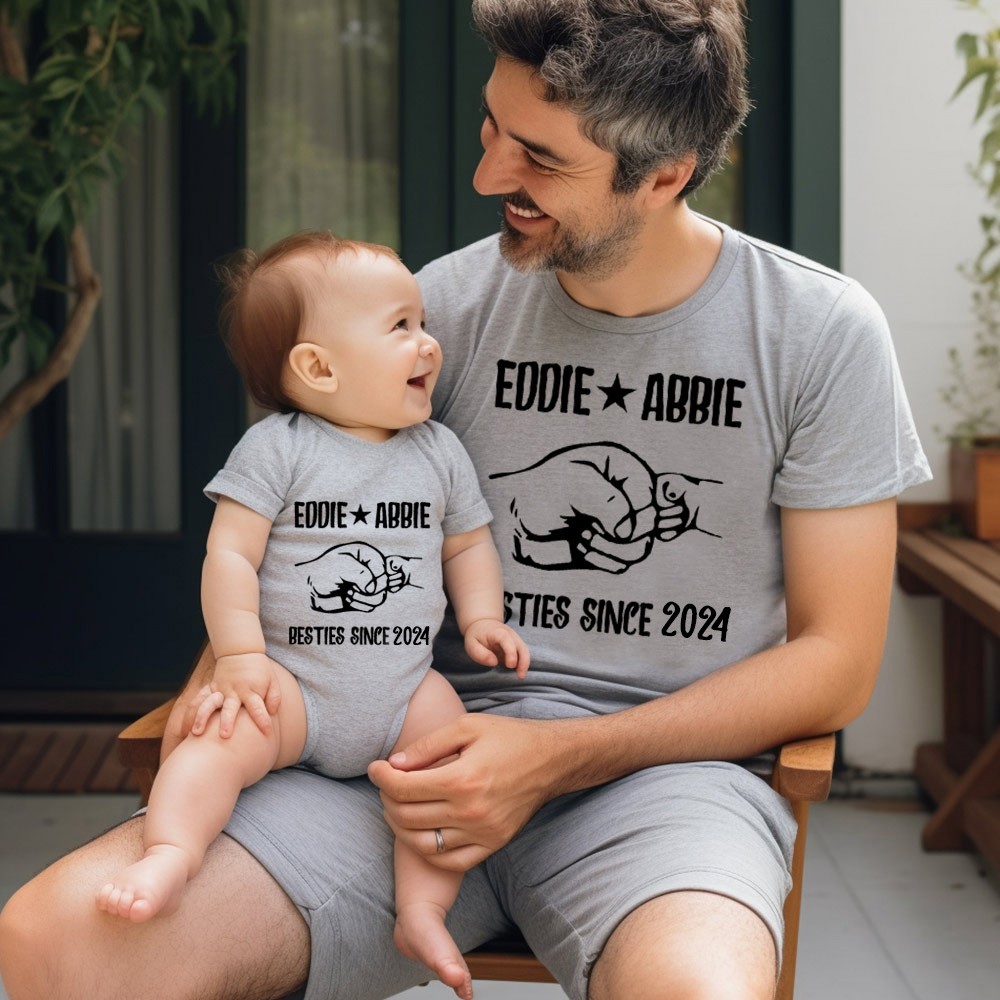 Customized Name Fist to Fist Parent-child Shirt, Dad & Baby Matching Shirt, Cotton Shirt/Baby Bodysuit, Our First Father's Day Shirt for Dad