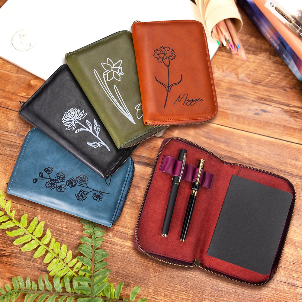 Personalized Birth Flower Leather Travel Journal Organizer, Padfolio with Pencil Holder, Notepad with Zipper Lock, Planner Case, A6 Notebook Cover