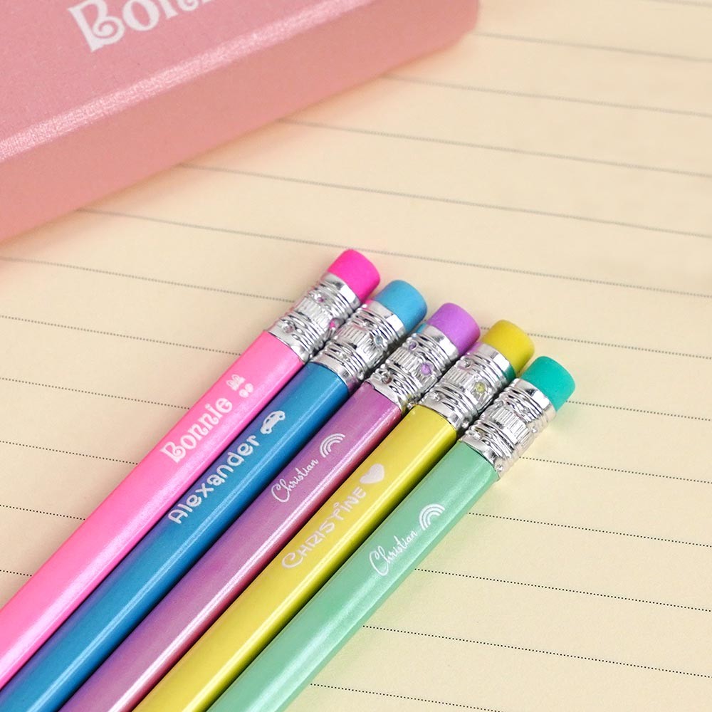 Personalized Box of 12 HB Pencils, Custom Name & Icon Pencils with Erasers, Macaron Color Writing Pencils, Back to School/Children's Day Gift for Kids