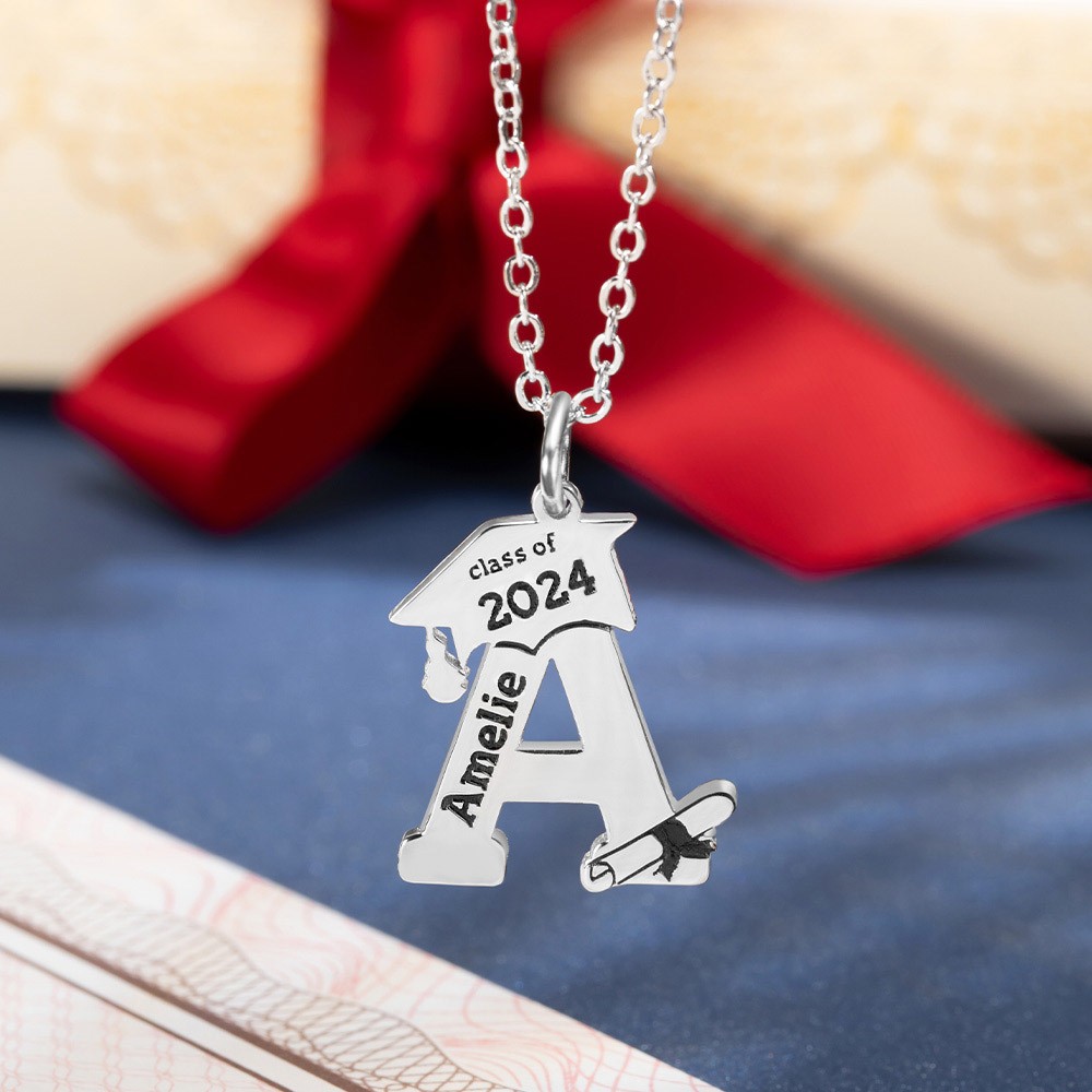Custom Letter Necklace Initial Necklace, Class of 2022 Graduate Gift Graduating Present Grad Gift for Her/daughter/granddaughter, Stainless Steel/Silver Graduation Necklace