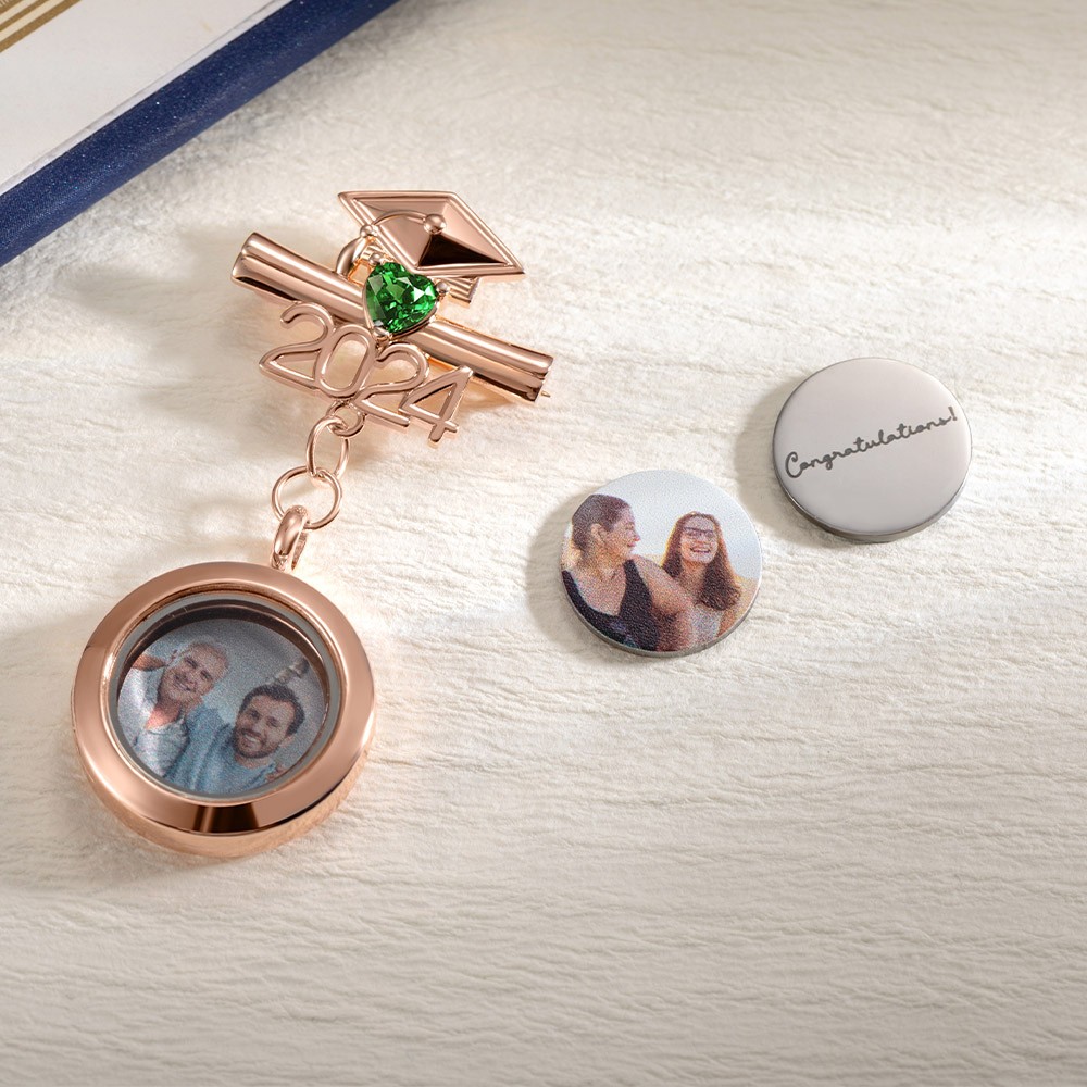 Personalized Photo Graduation Lapel Pin with Birthstone, Custom Picture Graduation Cap Brooch, Class of 2024 Memorial Lapel Pin, Graduation Gift