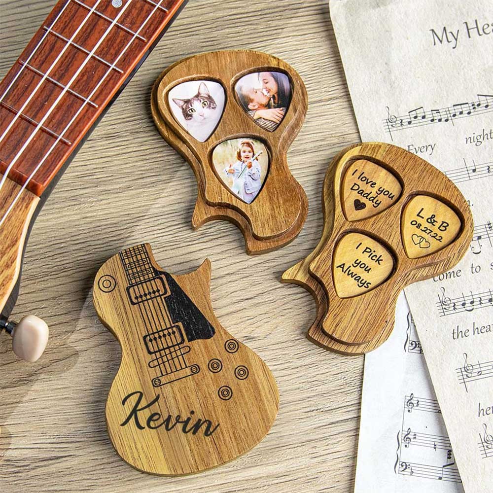 Personalisierte Gitarrenplektren aus Holz mit Aufbewahrungshülle mit Textfoto, Geburtstags-/Abschlussgeschenk für Gitarrenspieler/Musiker