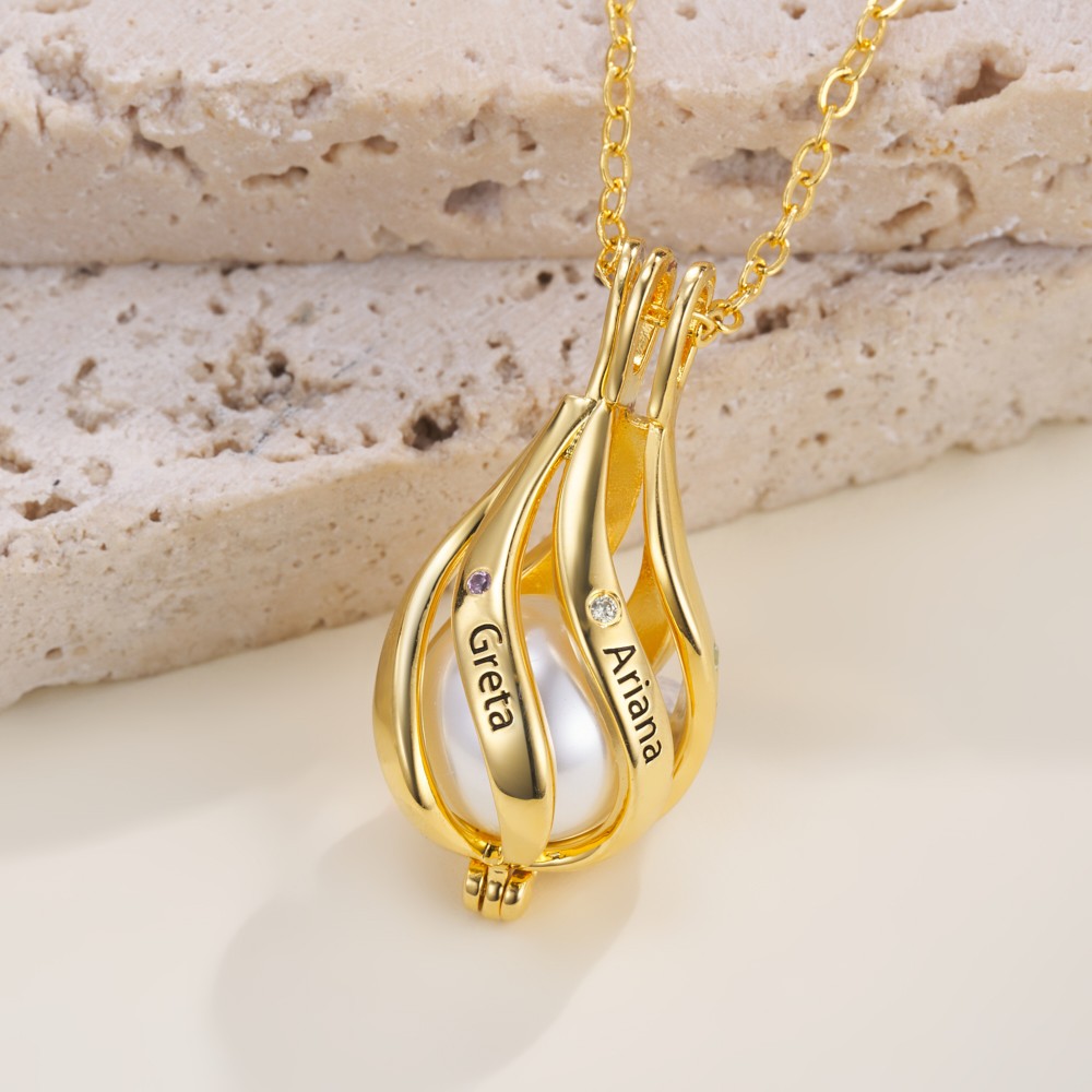 Colar de pérolas com nome personalizado e pedra de nascimento, pingente de gaiola com pérola, joias de pedra de aniversário de família, presente de dia das mães/aniversário para mãe/avó/ela