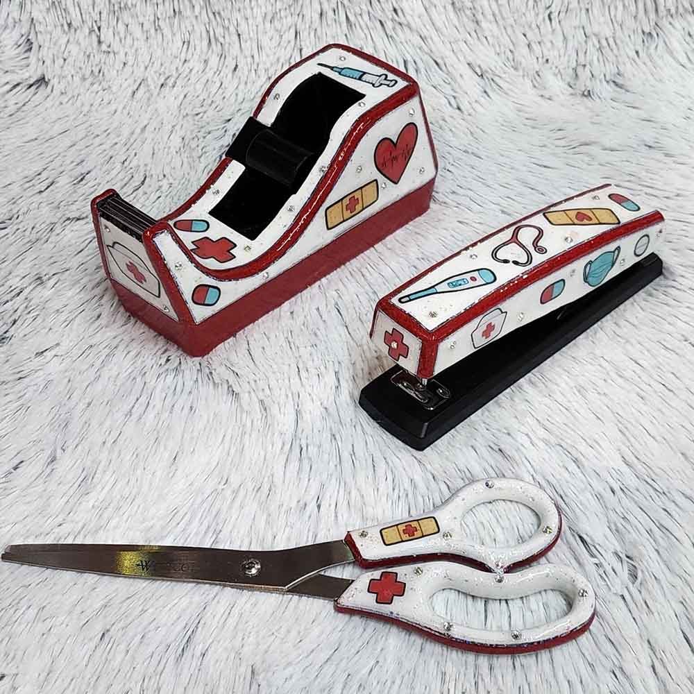 Medical Pattern Nurse Desk Set, Nurse Stapler, Nurse Tape Dispenser, Nurse Scissors, Office Supplies, Gift for Her