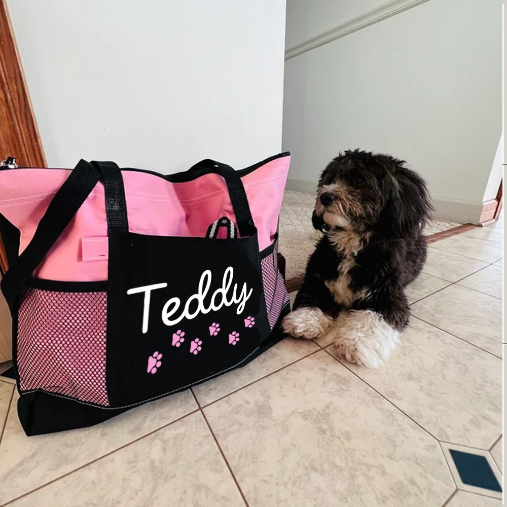Personalized Doggie Things Pet Tote Bag with Zipper, Custom Pet Travel Daycare Bag, New Puppy Gift, Pet Groomer Gift for Pet Lover/Pet Owner