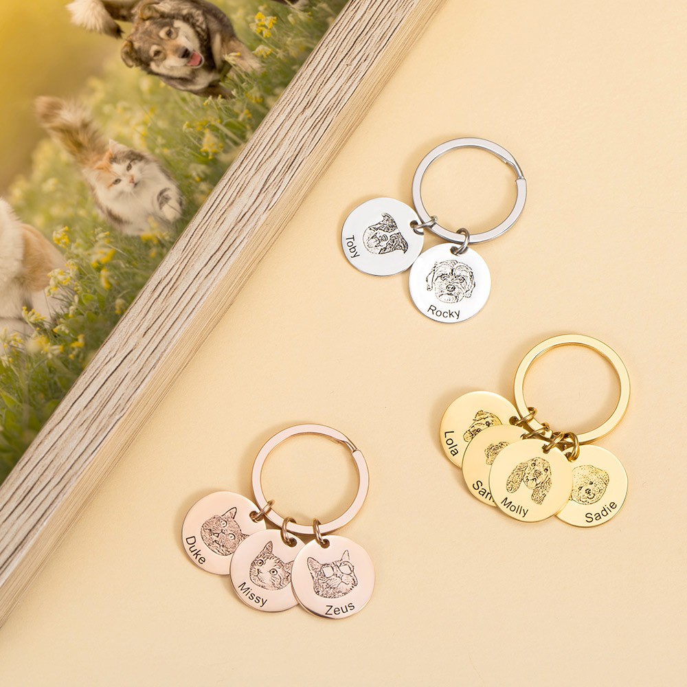 Personalized Dog Cat Keychain with Photo Engraved, Pet Portrait Memorial Keepsake Gift for Pet Loss/Dog Father/Cat Mom